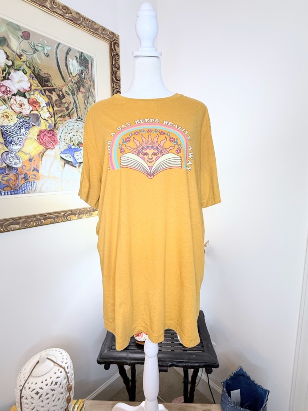 Bella Canvas XL Yellow Graphic Tee Book A Day Keeps Reality Away Retro Boho